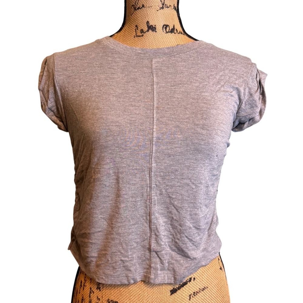 Womens Heather Gray Ruched Side Tulip Sleeve Cropped T-Shirt Size Small